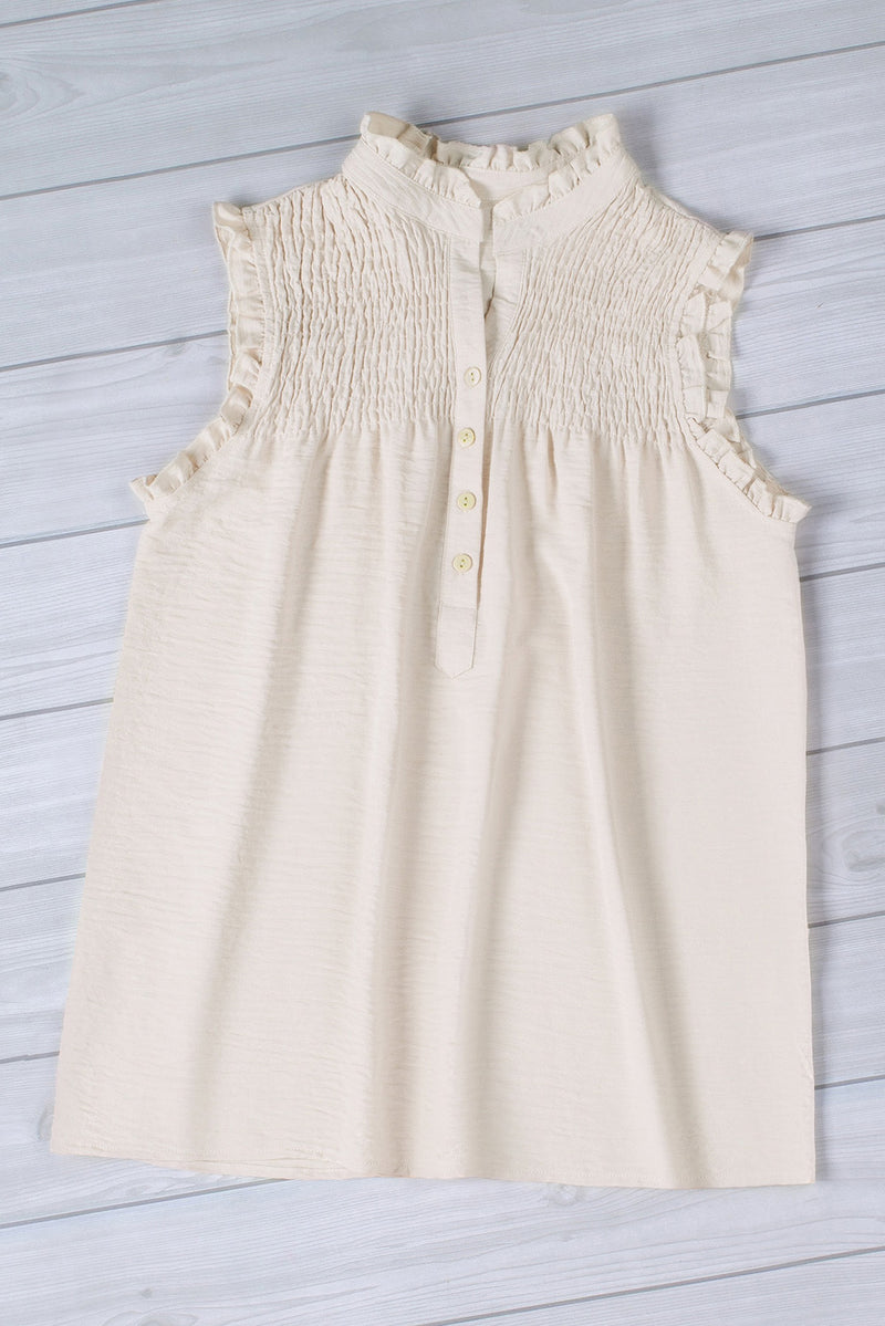 White Smocked Button Front V Neck Sleeveless Shirt