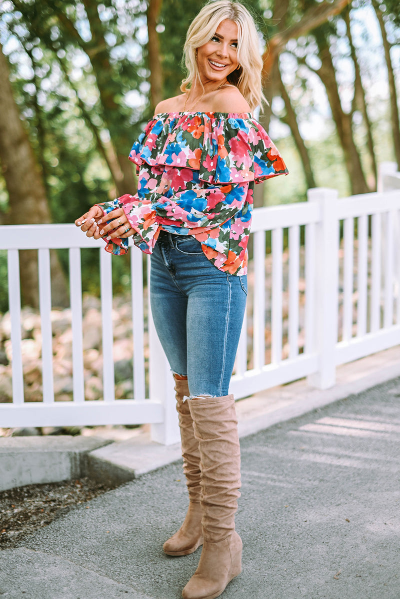 Multicolor Bohemian Floral Print Shirred Ruffle Off Shoulder Blouse