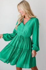 Sea Green Frill V Neck Puff Sleeve Drawstring Mini Dress