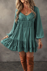 Mist Green Puff Sleeve Loose Fit Tiered Ruffle Mini Dress