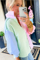 Pink Stripe Color Block Balloon Sleeve Button Loose Fit Shirt