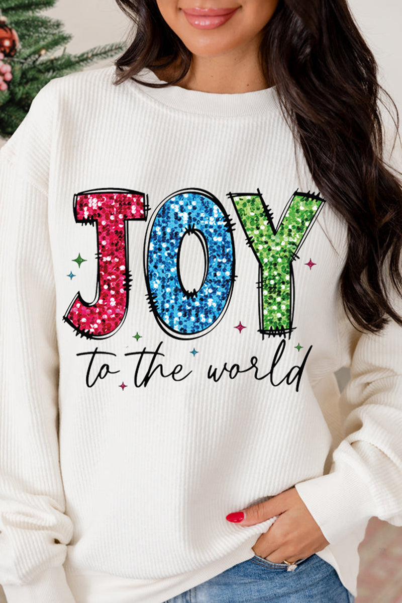 White JOY to the world Ribbed Crewneck Graphic Pullover Sweatshirt