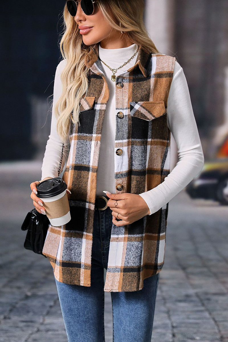 Straw Yellow Button Up Plaid Sleeveless Vest Jacket