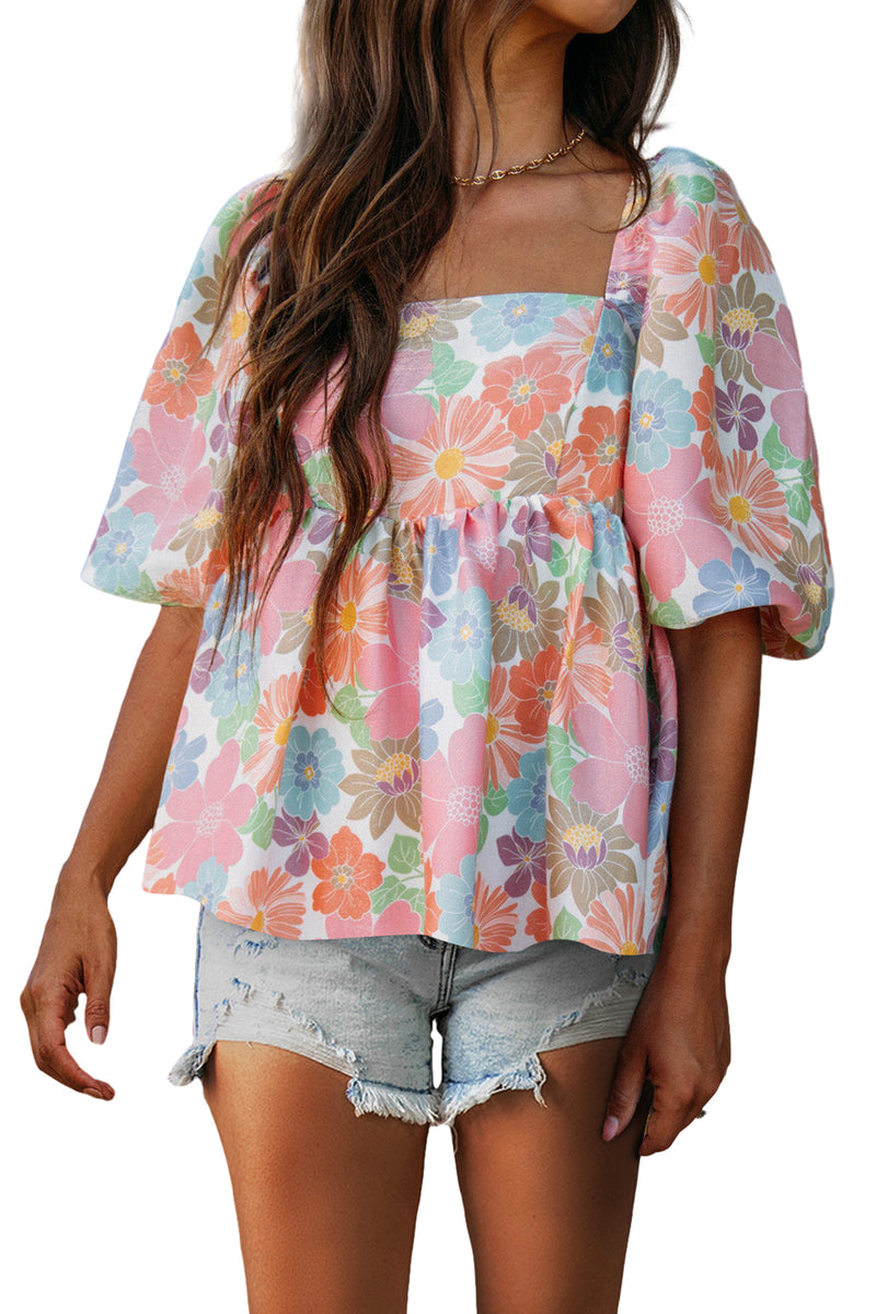 Pink Floral Puff Sleeve Square Neck Babydoll Blouse