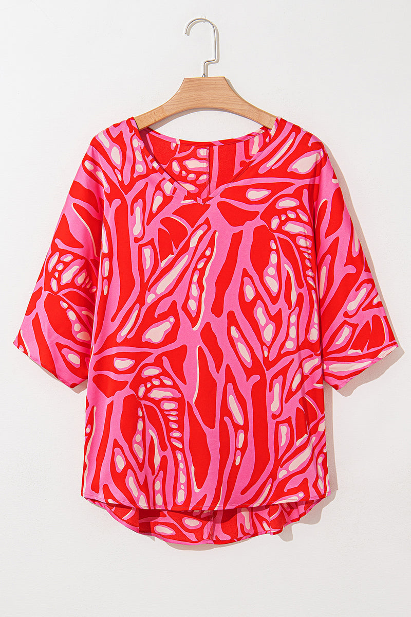 Red Abstract Print V Neck Batwing Sleeve Oversized Blouse