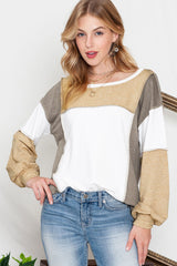 Khaki Color Block Exposed Seam Long Sleeve Top