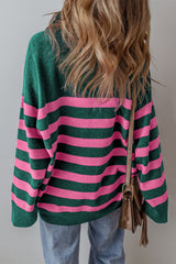 Green Striped Collared Quarter Zip Oversized Sweater