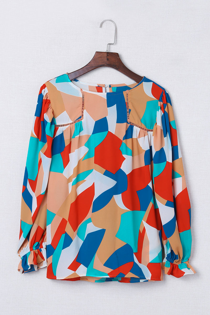 Multicolor Casual Abstract Print Puff Sleeve Blouse