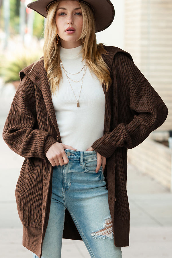 Brown Pocketed Button Up Chunky Knit Cardigan