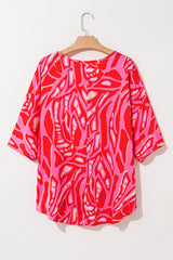 Red Abstract Print V Neck Batwing Sleeve Oversized Blouse