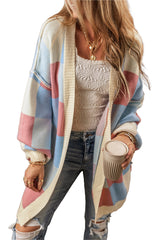 Orange Checkered Drop Shoulder Exposed Seam Open Front Cardigan