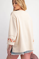 Beige Flower Exposed Seam Patchwork Loose Top