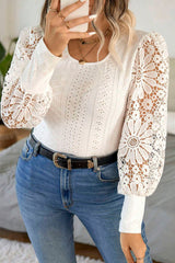 Apricot Floral Guipure Lace Puff Sleeve U Neck Eyelet Plus Size Blouse