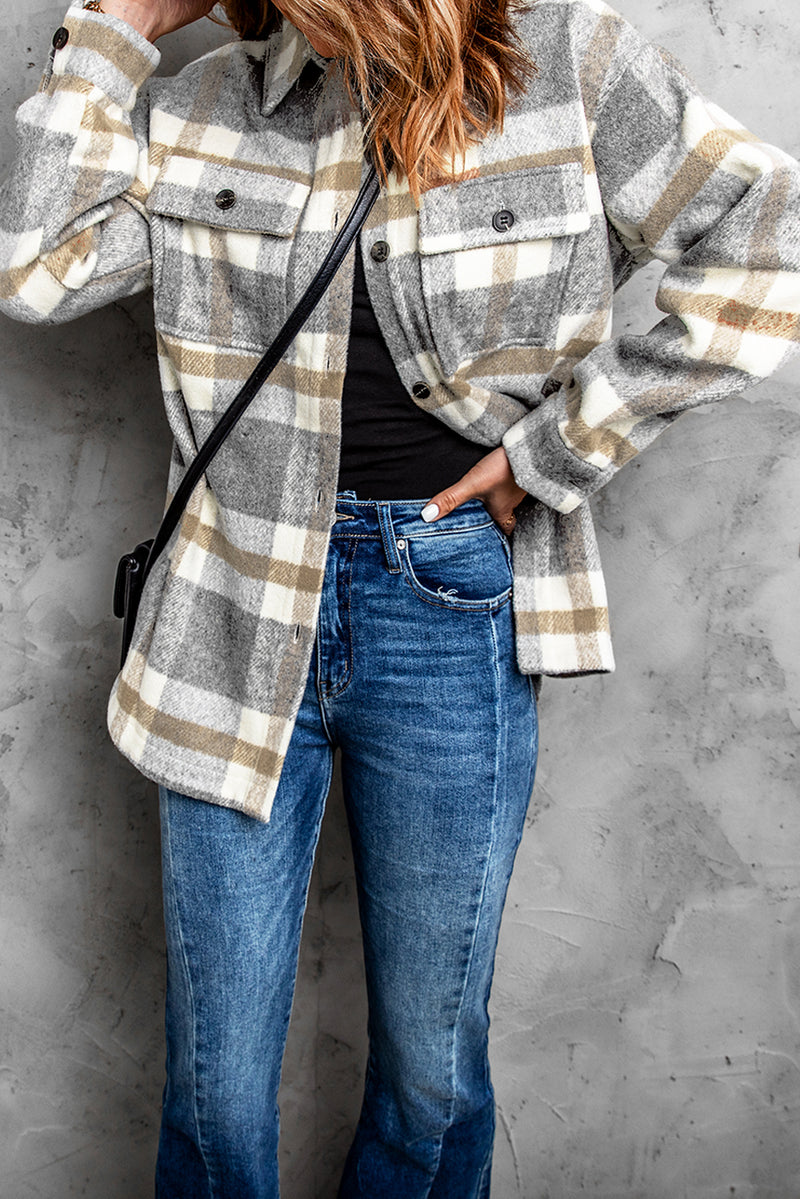 Brown Plaid Print Casual Pocket Shacket