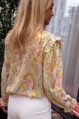 Yellow Paisley Print Ruffled Trim Button Up Boho Blouse