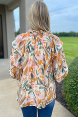 Yellow Abstract Print Drawstring Frill V Neck 3/4 Sleeve Blouse