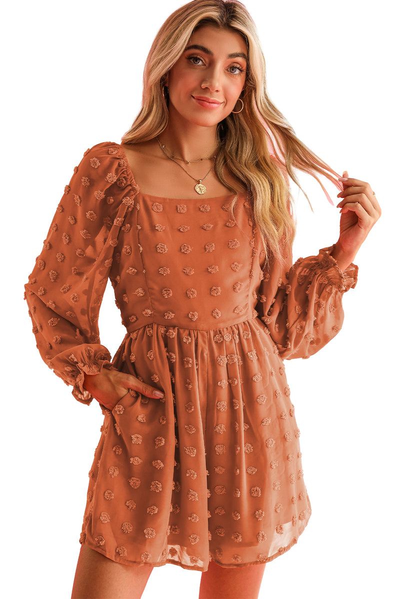 Orange Swiss Dot Square Neck Long Sleeve High Waist Romper