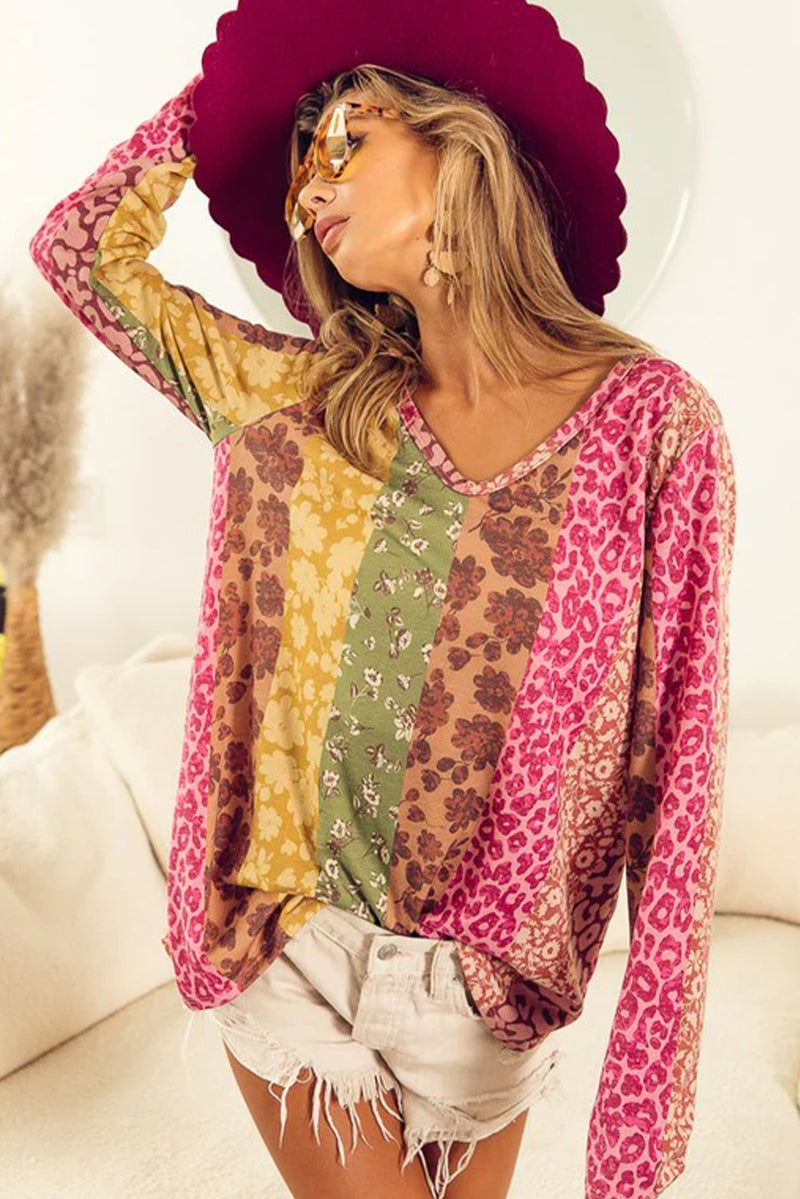 Multicolor Floral and Leopard Print Long Sleeve T Shirt