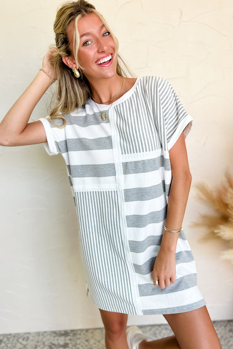 Gray Stripe Mixed Printed Short Sleeve Shift Mini T Shirt Dress