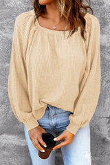 Brown Waffle Texture Casual Square Neck Pullover Top