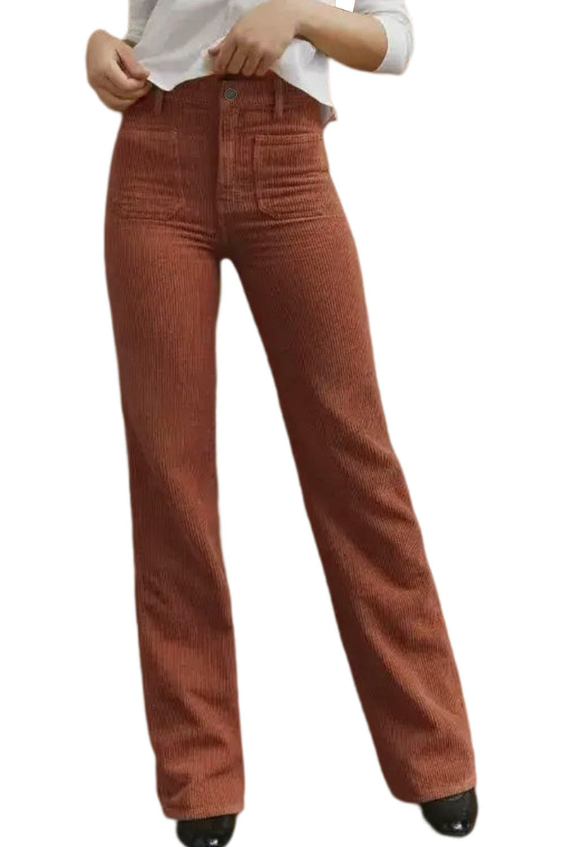 Brown High Waist Pockets Corduroy Flare Leg Pants