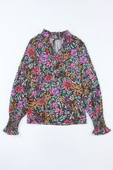 Multicolor Floral Boho Tie V Neck Peasant Blouse