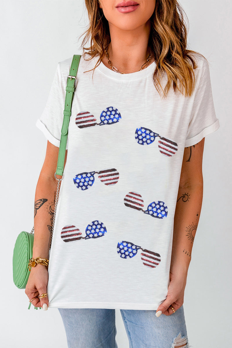 Wholesale White Flag Day Stripe Star Sunglasses Graphic Round Neck Tee