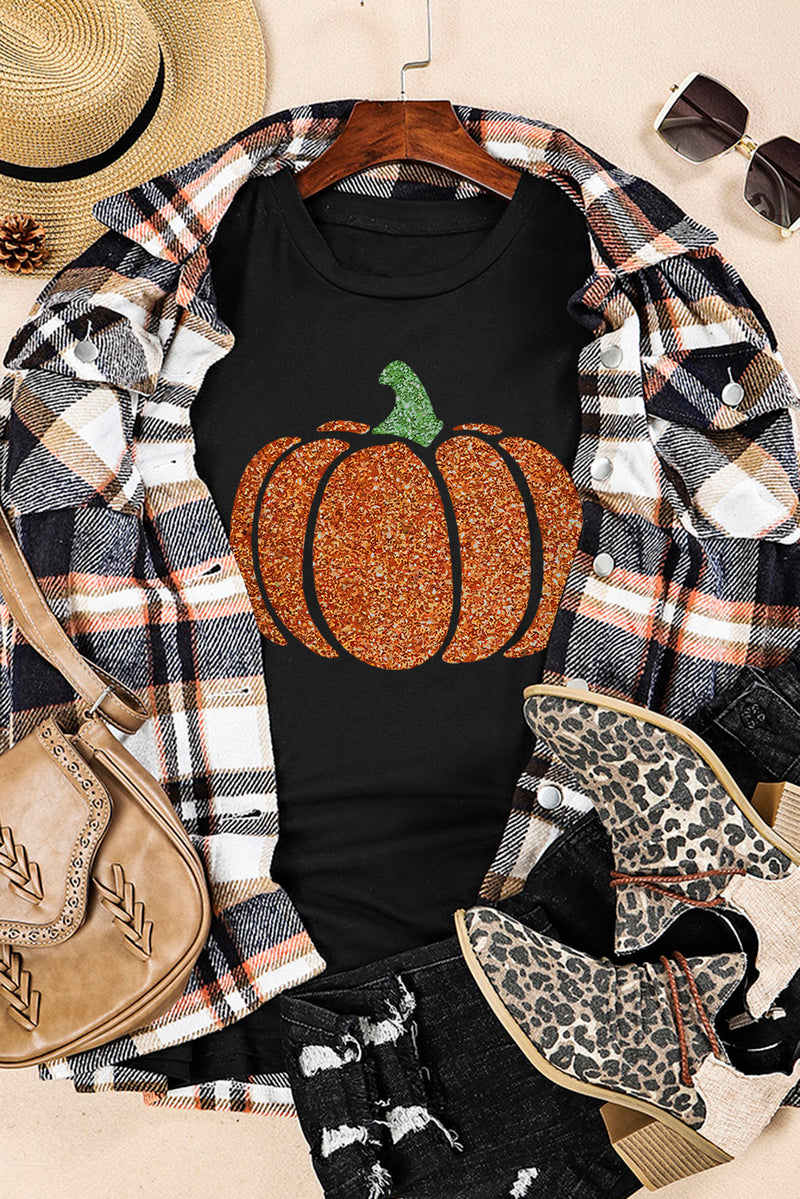 Black Halloween Glittering Pumpkin Graphic T Shirt