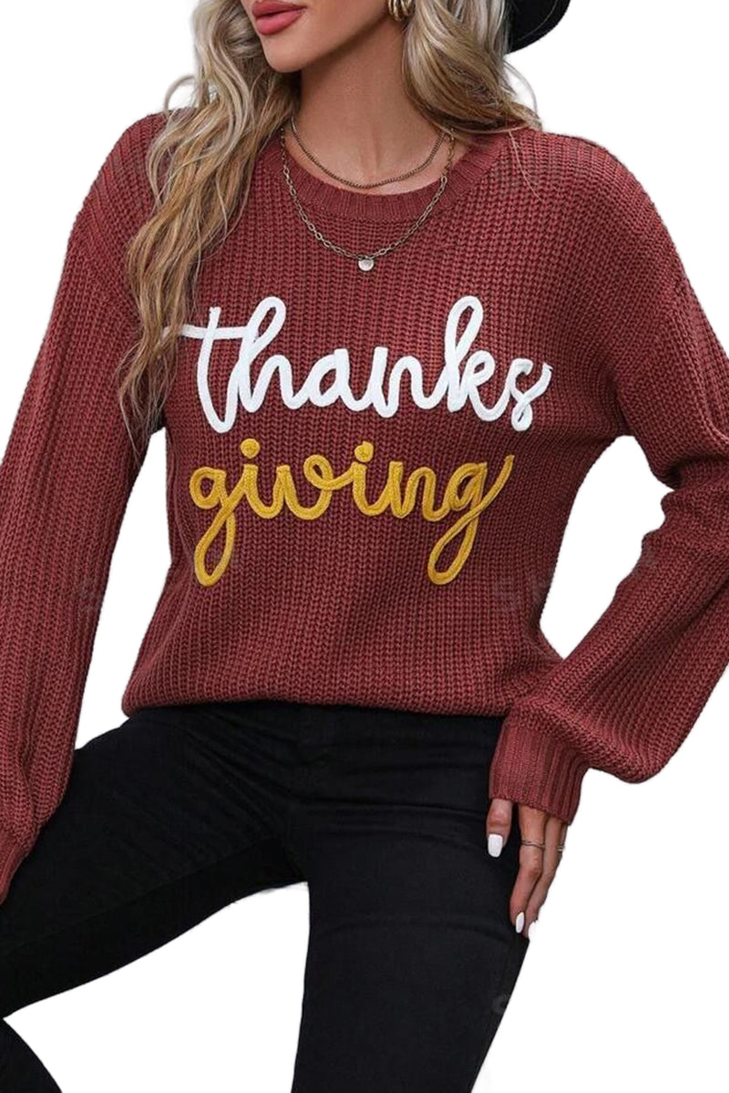 Red Sandalwood Thanksgiving Letter Graphic Crew Neck Sweater