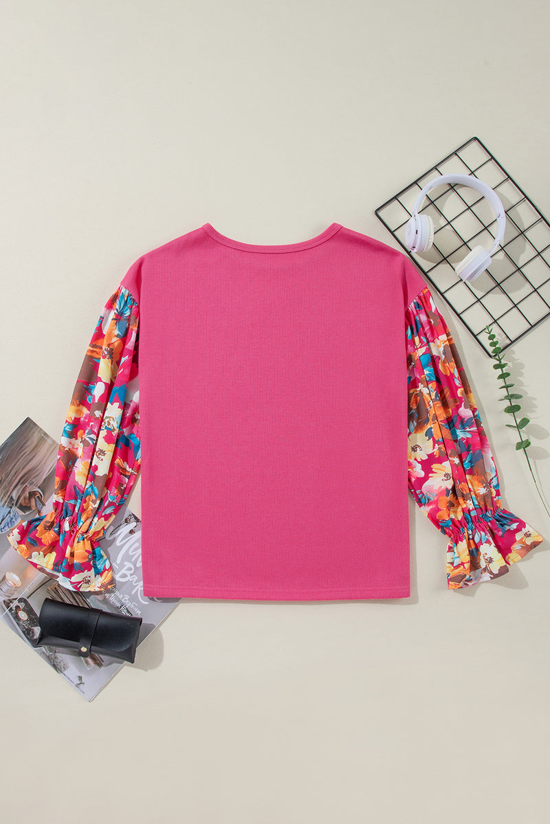 Sachet Pink Flower Patchwork Ribbed Knit Drop Shoulder Top