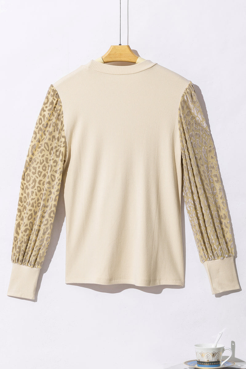 Apricot Leopard Print Long Sleeve Ribbed Knit Blouse