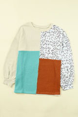 Rosy Leopard Patchwork Color Block Ribbed Long Sleeve Top