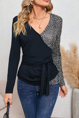 Black and Animal Print Color Block Long Sleeve Wrap Top