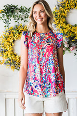 Rosy Boho Abstract Print Ruffle Babydoll Sleeveless Shirt