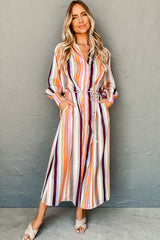 White Colorful Striped Cuffed Sleeve Tassel Tie Maxi Dress