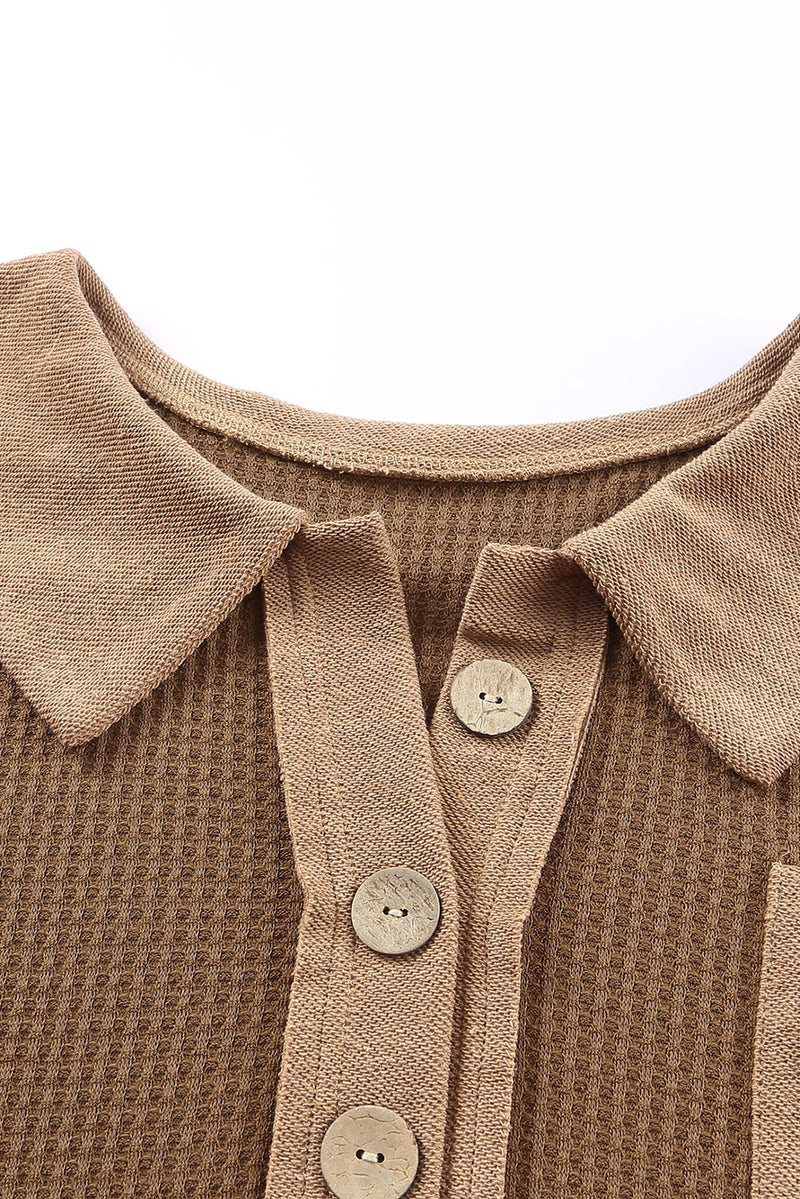 Brown Waffle Pocket Seam Patchwork Loose Knit Top