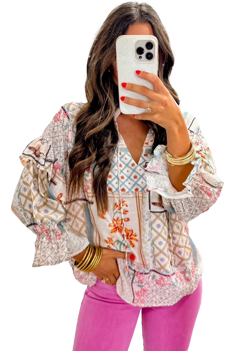 Multicolour Floral Plaid Patchwork Puff Sleeve Blouse