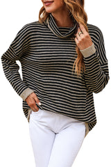 Black Striped Turtleneck Long Sleeve Sweater