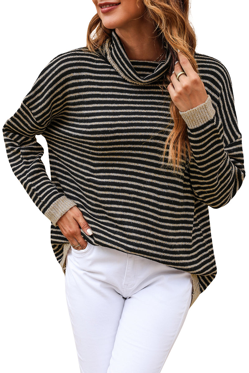 Black Striped Turtleneck Long Sleeve Sweater