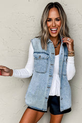 Beau Blue Flap Pocket Curved Hem Sleeveless Denim Jacket