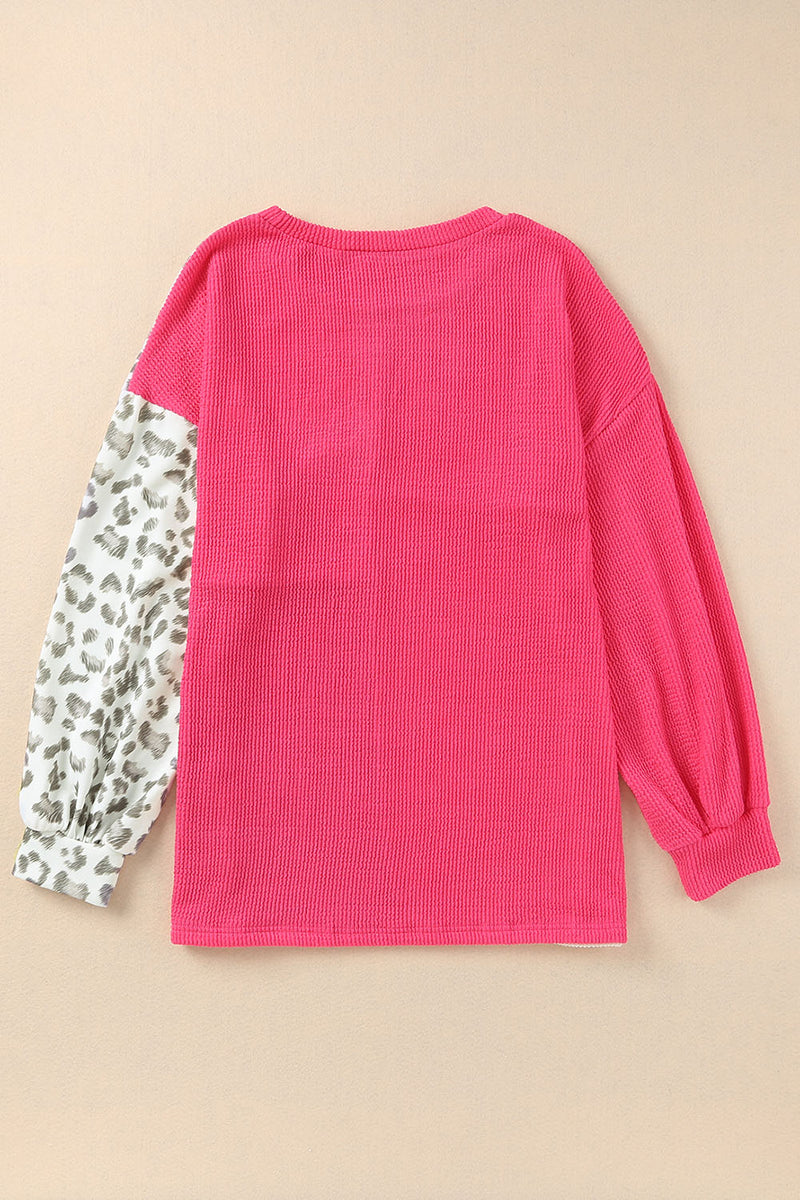 Rosy Leopard Patchwork Color Block Ribbed Long Sleeve Top