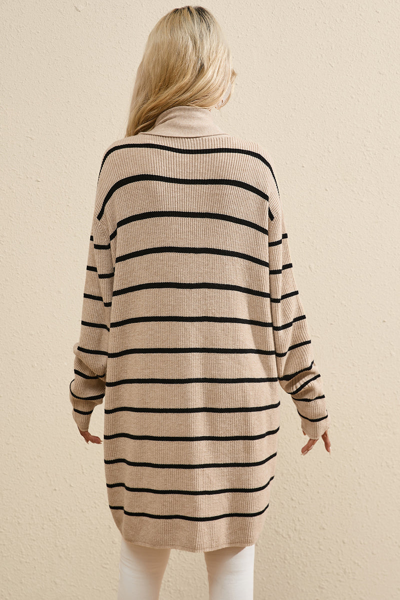 Black Stripe Side Pockets Open Front Cardigan