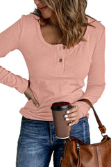 Pink Ribbed Scoop Neck Casual Long Sleeve Henley Shirt for Women