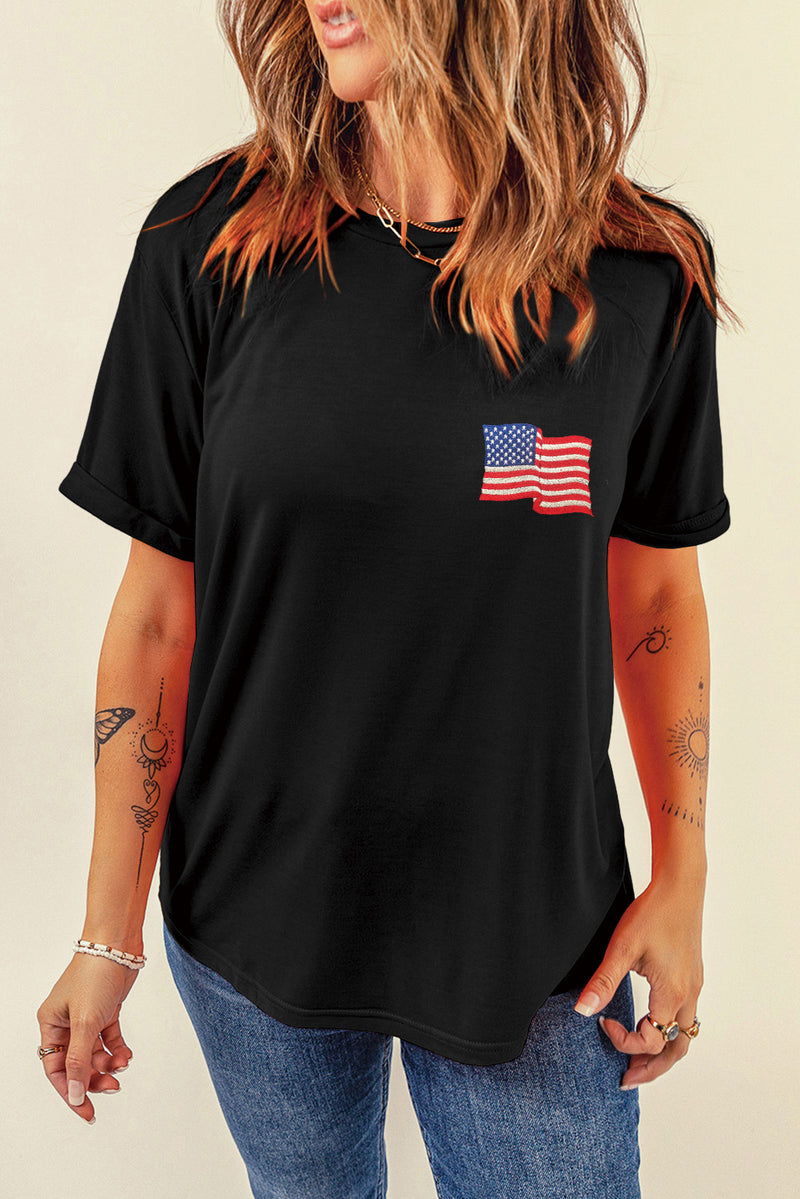 Black American Flag Embroidered Graphic Crew Neck T Shirt