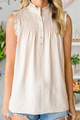 White Smocked Button Front V Neck Sleeveless Shirt