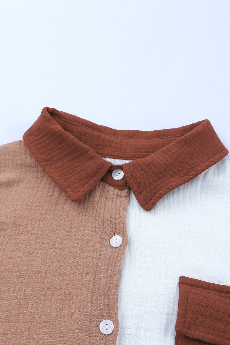 Brown Color Block Pockets Textured Long Sleeve Shacket