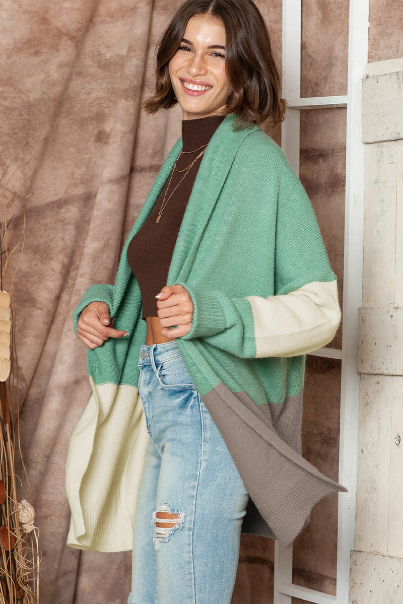 Green Colorblock Draped Open Front Cardigan