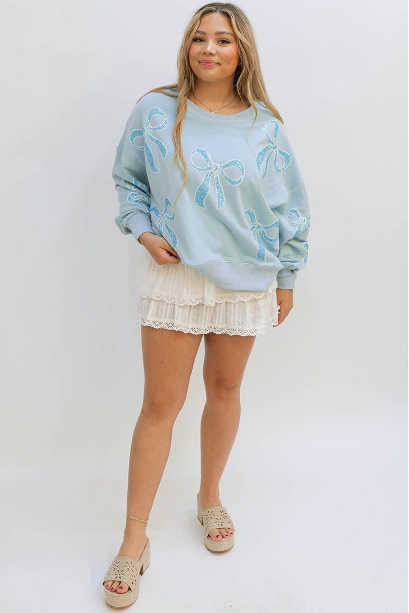 Beau Blue Sequin Bow Drop Shoulder Oversized Sweatshirt