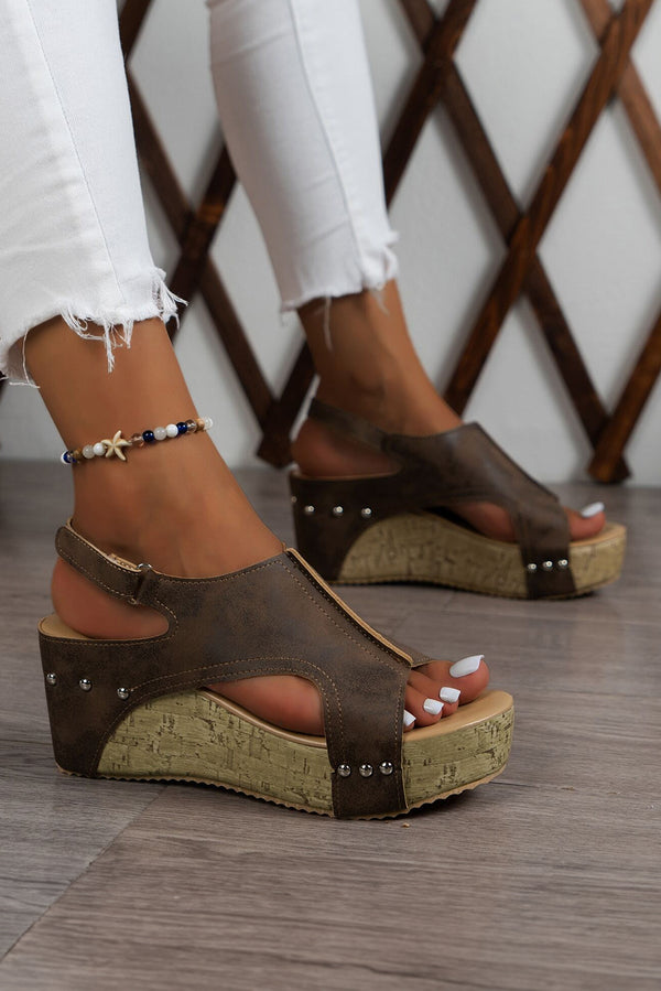 Chestnut Suede Patched Studded Cut Out Wedge Sandals