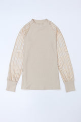 Apricot Ribbed Solid Color Striped Mesh Long Sleeve Top